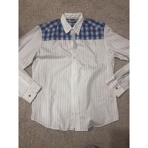 55DSL Men's REVOLT Back Graphic, Stripes With Blue Checked Shoulders L